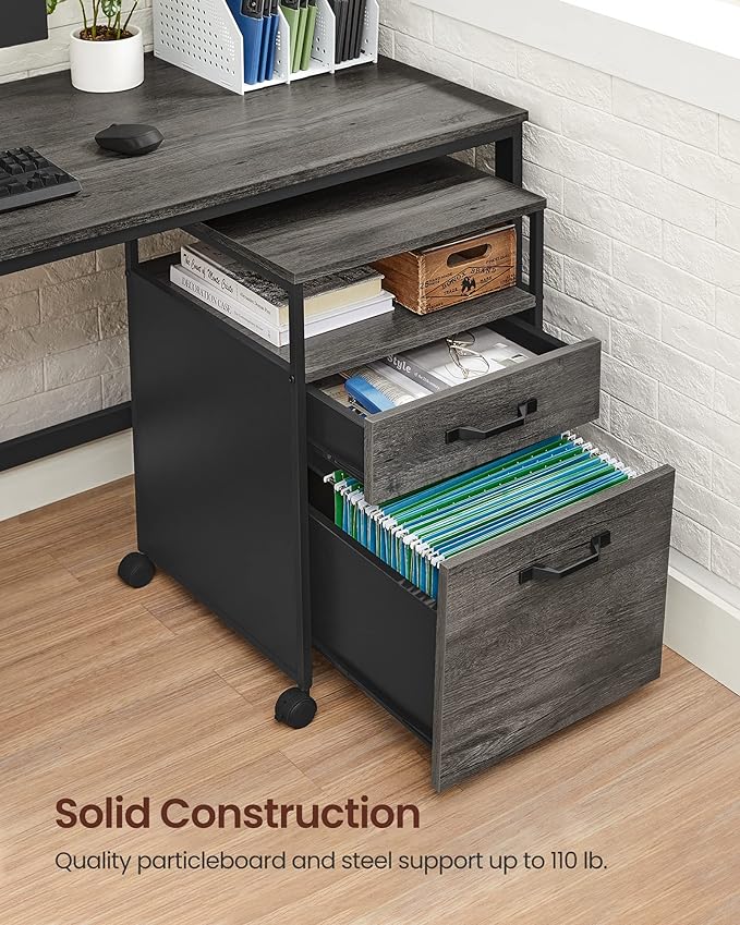 VASAGLE File Cabinet, Mobile Filing Cabinet with Wheels, 2 Drawers, Open Shelf, for A4, Letter Size, Hanging File Folders, Charcoal Gray and Black UOFC071B04