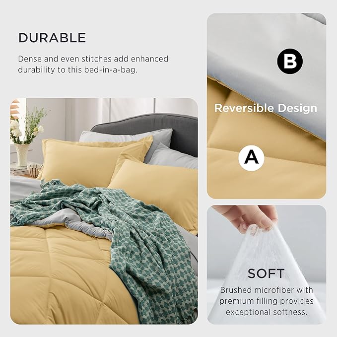 Bedsure Yellow Queen Comforter Set - 7 Pieces Reversible Queen Bed in a Bag Queen Bed Set with Comforters, Sheets, Pillowcases & Shams, Queen Bedding Sets