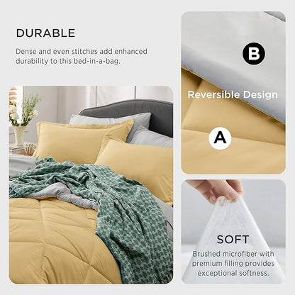Bedsure Yellow Queen Comforter Set - 7 Pieces Reversible Queen Bed in a Bag Queen Bed Set with Comforters, Sheets, Pillowcases & Shams, Queen Bedding Sets