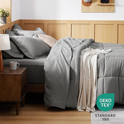 Bedsure Queen Bedding Comforter Set - 7 Pieces Solid Grey Bed in a Bag Queen, Bed Set Queen with Quilted Fluffy Comforters, Sheets, Pillowcases & Shams