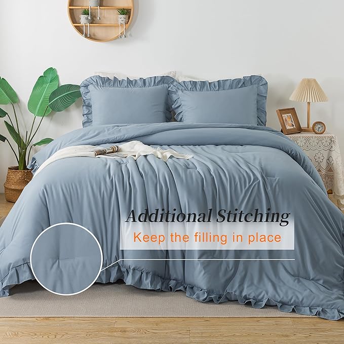 Andency California King Comforter Sets Grayish Blue (104x96Inch), 3 Pieces Cal King Ruffle Comforter, Oversized Farmhouse Shabby Chic Bed Comforter, Lightweight and Soft Microfiber Bedding Set