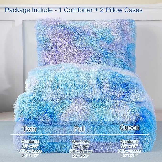 WINLIFE Shaggy Bedding Comforter Set Faux Fur Flannel Furry Comforter Microfiber Plush Comforter Sets Pastel Gradient Ombre Tie Dye MultiColor Bedding for Girls Adults (3Pcs, Queen, Purple Blue)