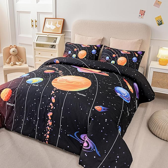 6 Pcs Solar System Comforter Set Twin Outer Space Bedding Set Universe Planets Theme Comforter for Boys Kids Ultra-Soft (1 Comforter, 2 Pillowcases, 1 Flat Sheet, 1 Fitted Sheet,1 Pillowcover)