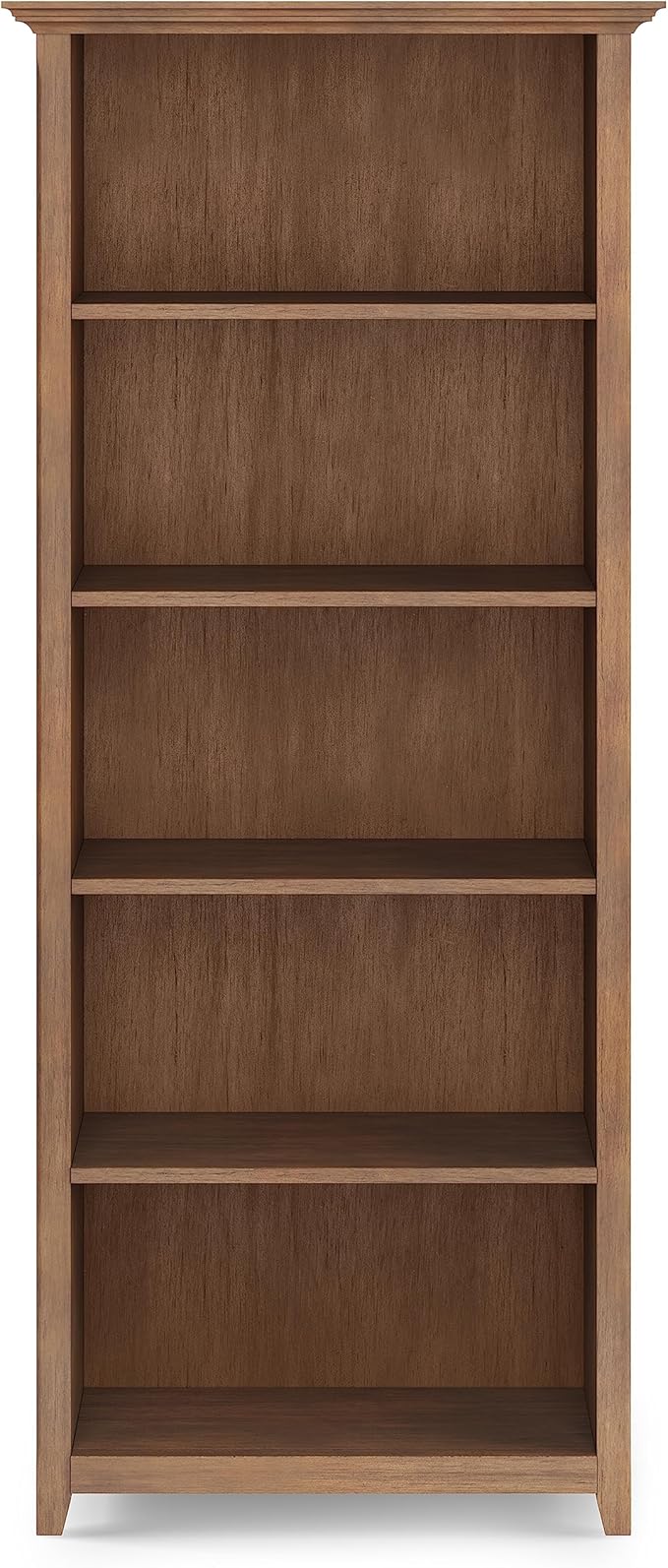 SIMPLIHOME Amherst SOLID WOOD 30 Inch Wide Transitional 5 Shelf Bookcase in Rustic Natural Aged Brown, for The Living Room, Study Room and Office