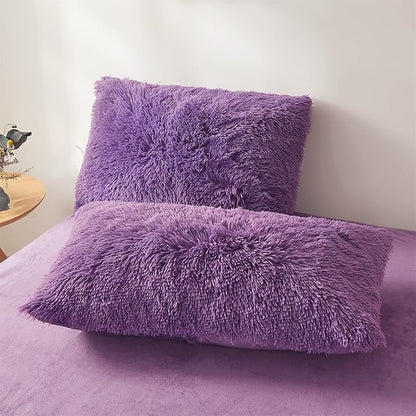 FOPPA Dark Purple Faux Fur Comforter Cover Set Ultra Soft Plush Bedding Sets 3 Pieces (1 Faux Fur Duvet Cover + 2 Faux Fur Pillow case) Zipper Closure (Queen, Dark Purple)