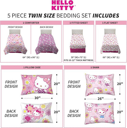 Franco Kids Bedding Super Soft Comforter and Sheet Set with Sham, 5 Piece Twin Size, Hello Kitty