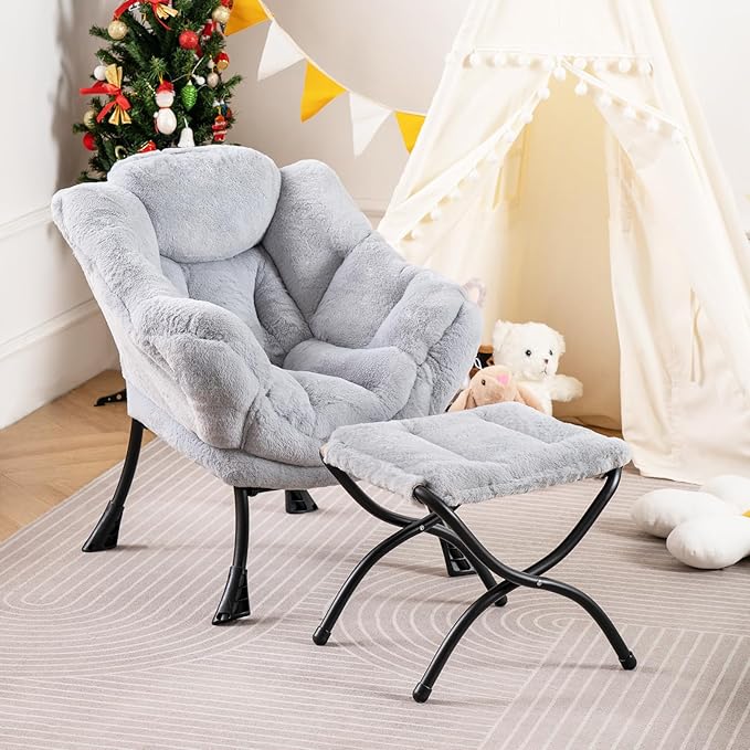 Welnow Toddler Kids Lazy Chair with Ottoman, Accent Comfy Lounge Children Armchair Couch with Armrest and Removable Cover, Detachable Reading Chair with Footrest for Boy or Girl, Plush Grey