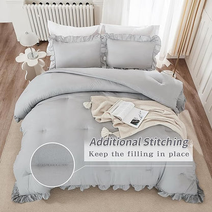 Andency Silver Gray Comforter Set Queen Size, 3 Pieces Shabby Chic Ruffle Bedding Comforter Sets for Queen Bed, Lightweight Fluffy Soft Microfiber Farmhouse Comforter Set