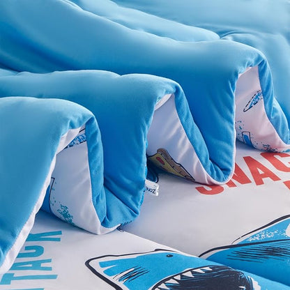 SLEEP ZONE Jersey Knit 2-Piece Twin Size Comforter Set, Blue Shark Design for Boys, Skin-Friendly and Breathable, Super Soft, Durable, Comfortable Kids Bedding Set（Sharks, Twin）