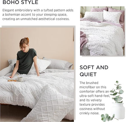 Bedsure Full Size Comforter Set - White Comforter, Boho Tufted Shabby Chic Bedding Comforter Set, 3 Pieces Vintage Farmhouse Bed Set for All Seasons, Fluffy Soft Bedding Set with 2 Pillow Shams