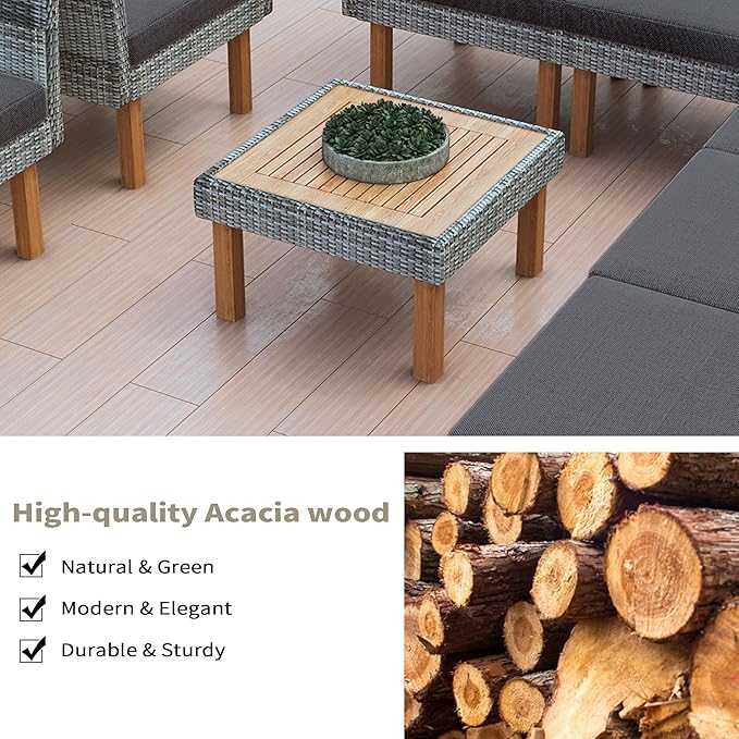 Merax Outdoor Patio Furniture Sets, Free Combination Wicker Sofa, 9-Piece, Rattan w/Wood Tabletop & Legs, Beige