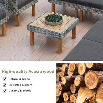 Merax Outdoor Patio Furniture Sets, Free Combination Wicker Sofa, 9-Piece, Rattan w/Wood Tabletop & Legs, Beige