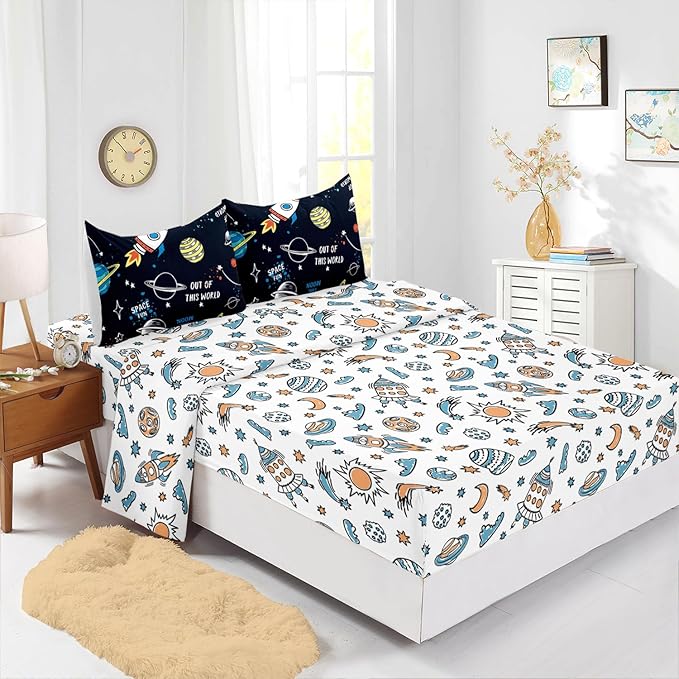 Space Comforter Set Twin 5PCS,Kids Bedding Set for Boys Twin,Rocket Bedding Twin Size.Kids Comforter Set Soft Bedding Sets,Bed in A Bag for Kids