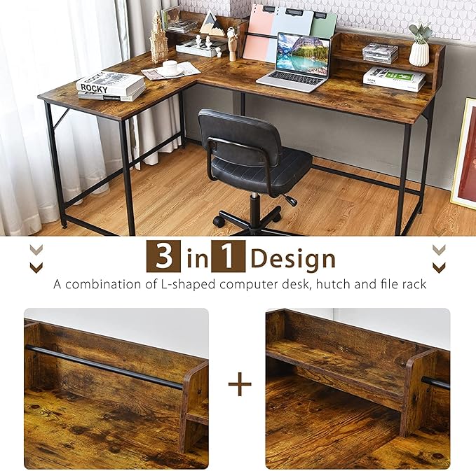 LUARANE 65.5 Inches L-Shaped Desk, Industrial Computer Desk with Hutch File Rack, Space Saving Corner Desk with Metal Frame, Computer Workstation for Home Office (Coffee)