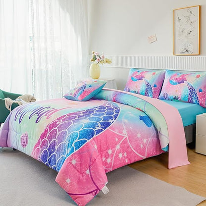 RYNGHIPY Mermaid Queen Girls Bedding Set, Colorful Rainbow Kids Girls Comforter Set with Sheets Soft and Lightweight, 6 Pieces Teen Girls Bed in a Bag