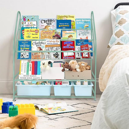 aboxoo Metal Kids Bookshelf Green Freestanding for Children Room 32 in Toy Organizer Book Unit Storage Large Green Stable Bookcase Bookstore Living Room Bed Room Library