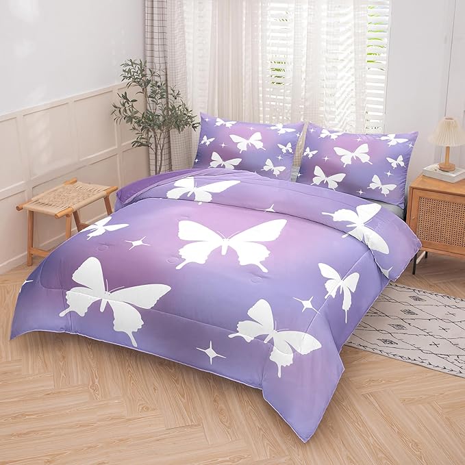 Tailor Shop Butterfly Comforter Sets Full Size,Purple Butterfly Bedding Sets for Girls Kids Teens with 2 Pillowcase…