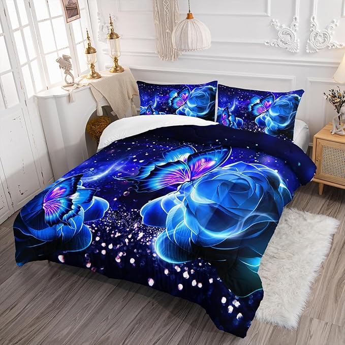 Galaxy Butterfly Comforter Set Queen Size for Girls Kids Adults Butterfly Rose Bedding Set Aesthetics Butterflies Quilt Bed Set with 1 Comforter and 2 Pillowcases