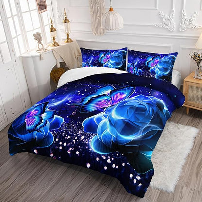 Galaxy Butterfly Comforter Set Twin Size for Girls Kids Adults Butterfly Rose Bedding Set Aesthetics Butterflies Quilt Bed Set with 1 Comforter and 2 Pillowcases