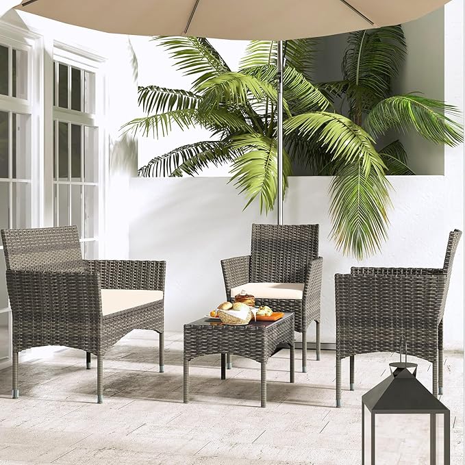 Patio Furniture, 4 Piece Conversation Set, Outdoor Wicker Rattan Table and Chairs, Sectional Sofa with Thick Cushion for Garden, Yard, or Porch, Brown