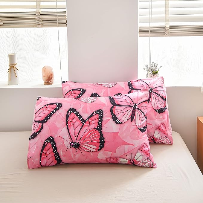 Btargot 3 Piece Pink Butterfly Girls Kids Adults Full Size Comforter Set, Lightweight Soft All Season Bedding Set with 2 Pillowcases