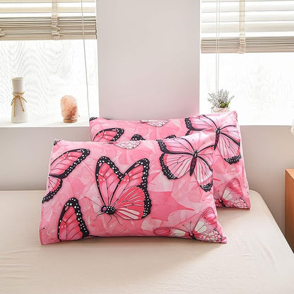 Btargot 3 Piece Pink Butterfly Girls Kids Adults Full Size Comforter Set, Lightweight Soft All Season Bedding Set with 2 Pillowcases