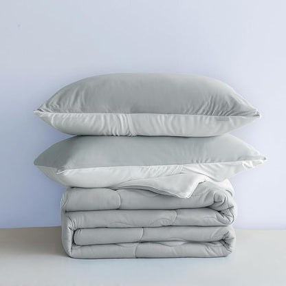 COTTEBED Reversible Queen Bed Comforter Set - Jersey Knit T-Shirt Feel Full Size Bedding 1 Down Blanket Quilt & 2 Pillow Sham - Ultra-Soft Fluffy Lightweight Cozy All Season Use (Light Gray and White)