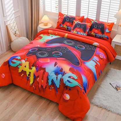 Aimuan Gaming Comforter Sets for Boys Kids Bedding Sets Video Games Console Action Buttons Novelty Colorful Game Gamepad Controller Modern Gamer Room Decor Home Quilt Set (Queen 6 Pcs,Red)