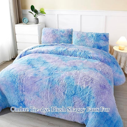 WINLIFE Shaggy Bedding Comforter Set Faux Fur Flannel Furry Comforter Microfiber Plush Comforter Sets Pastel Gradient Ombre Tie Dye MultiColor Bedding for Girls Adults (3Pcs, Queen, Purple Blue)