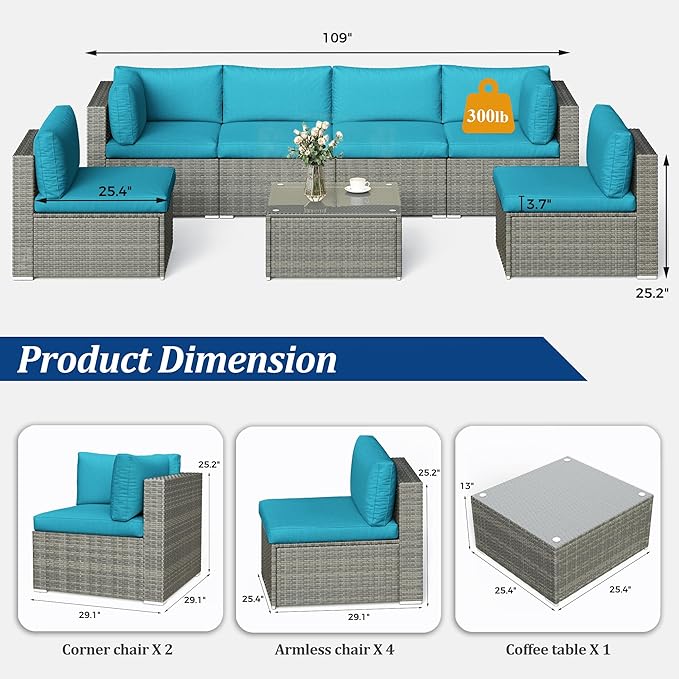 SUNVIVI OUTDOOR 7 Piece Patio Furniture Sets All Weather Grey PE Wicker Couch Sofa with Glass Table, Removable Blue Cushions