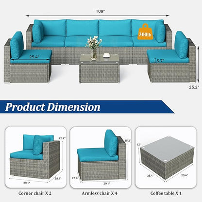 SUNVIVI OUTDOOR 7 Piece Patio Furniture Sets All Weather Grey PE Wicker Couch Sofa with Glass Table, Removable Blue Cushions