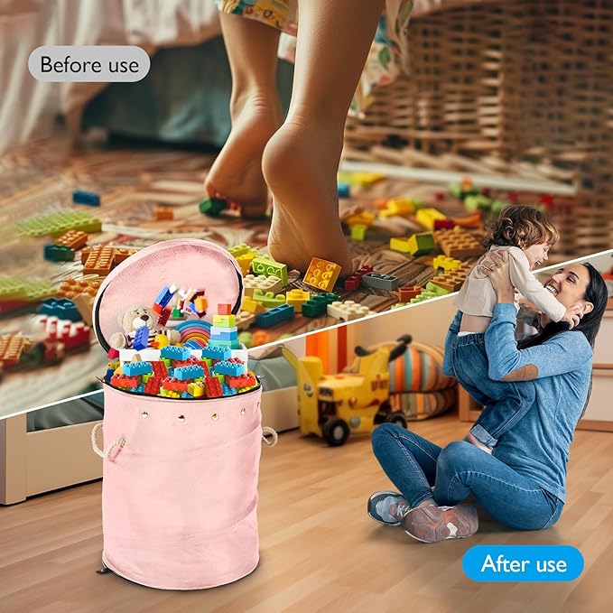 Toy Storage Basket + Play Mat for Kids Toy Chest Organizer Toy Box for Toddlers Boys Girls Kids Toy Storage Organizer Storage Bins with Lids Large Toy Box Living Room Nursery Playroom (Pink)