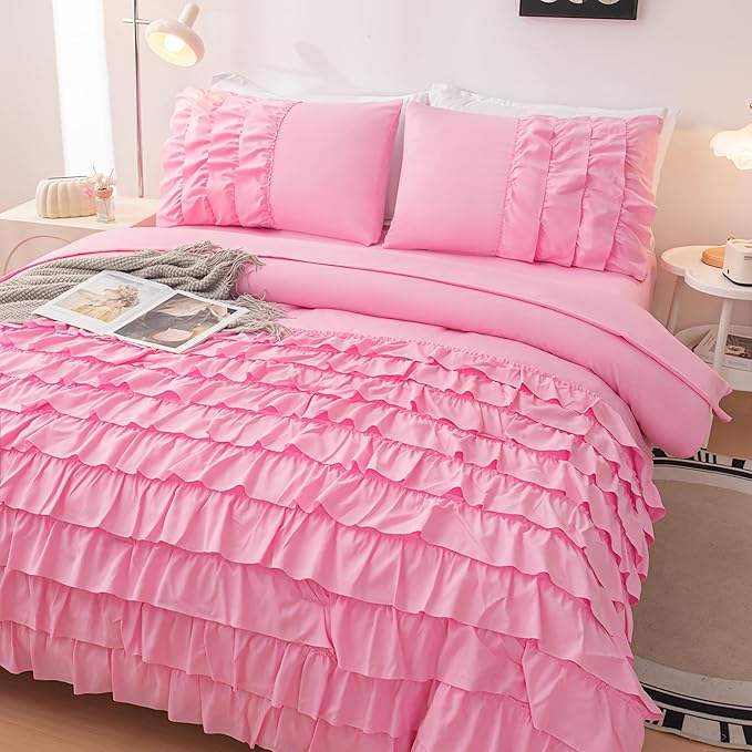 Pink Comforter Set Twin, 5-Piece Bed in a Bag Twin for Teen Girls, Pink Ruffle Bedding Set for Girls Kids, Teen Girls Bedding Sets,Princess Dress Comforter for All Season