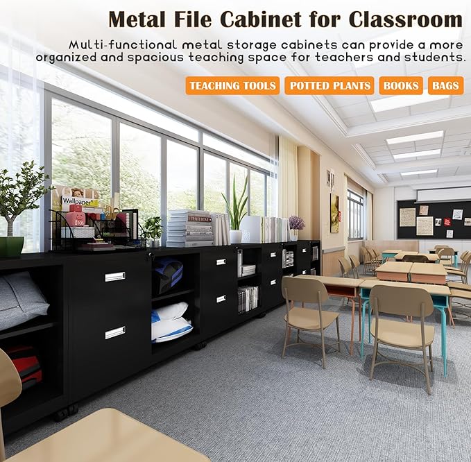 Metal File Cabinet Printer Stand with 2 lockable full extension drawers and 1 lockable door, adjustable shelf, for Home office and Study room Organizer Letters/Legal/A4,BLACK