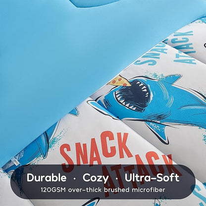 SLEEP ZONE Jersey Knit 2-Piece Twin Size Comforter Set, Blue Shark Design for Boys, Skin-Friendly and Breathable, Super Soft, Durable, Comfortable Kids Bedding Set（Sharks, Twin）