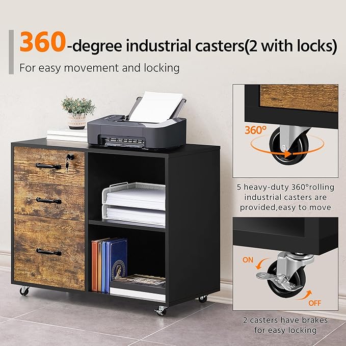 Yaheetech Lateral File Cabinet with Lock for Letter, A4 Size, 3 Drawer Printer Stand with Open Storage Compartments, Mobile Filing Cabinet for Home Office, Black/Rustic Brown