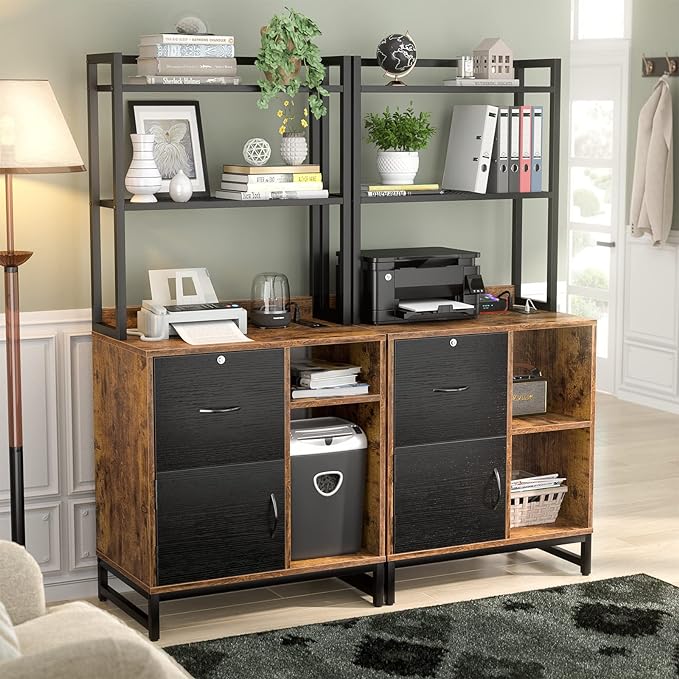 Homieasy Vertical Filing Cabinet with Lock & Charging Station, Large Drawer Wood File Cabinet with Bookshelf, Printer Stand with Open Storage Shelf, fits Letter Size for Home Office, Black and Rustic