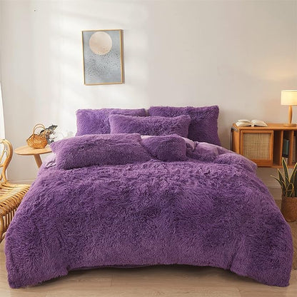Fluffy dark purple comforters Cover twin size - Ultra Soft Plush red bedding Sets 2 Pieces (1 faux fur comforter Cover + 1 fuzzy pillow case) girls shaggy purple twin bed set (Dark purple, Twin)