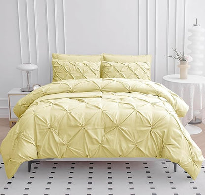 LANE LINEN King Comforter Set – 7 Piece Bed in a Bag – Pinch Pleated King Size Bedding Set with Comforter, Flat Sheet, Fitted Sheet, 2 Pillowcases & 2 Shams – Soft Pintuck Bed Set - Vanilla