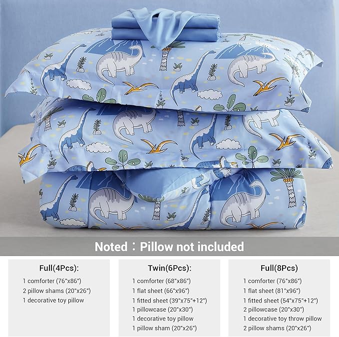 Mooreeke Kids Comforter Bed Set Twin Size for Boys, 6 Pieces Bed in a Bag with Shams, Sheet Set and 1 Decorative Toy Throw Pillow, Dinosaur Blue Super Twin Soft Microfiber Kids Comforter Bedding Set
