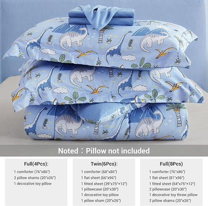 Mooreeke Kids Comforter Bed Set Full Size for Boys, 8 Pieces Bed in a Bag with Shams, Sheet Set and 1 Decorative Toy Throw Pillow, Dinosaur Blue Super Full Soft Microfiber Kids Comforter Bedding Set