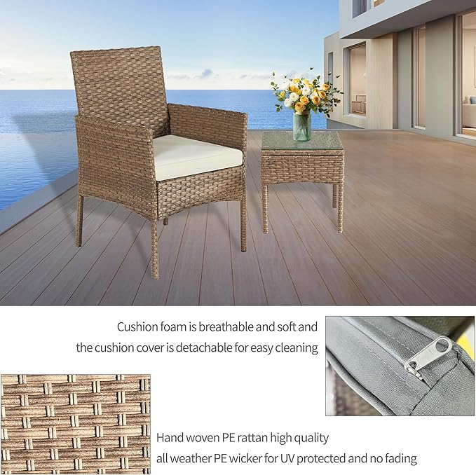 3 Pieces Patio Set Balcony Furniture Sets for Apartments.Bistro Furniture Set, Conversation Sets with Coffee Table, for Porch, Patio, Garden and Removable Cushions Beige
