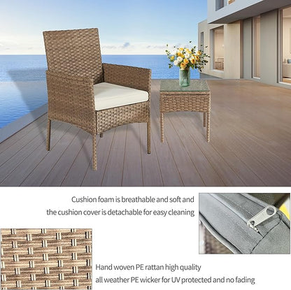 3 Pieces Patio Set Balcony Furniture Sets for Apartments.Bistro Furniture Set, Conversation Sets with Coffee Table, for Porch, Patio, Garden and Removable Cushions Beige