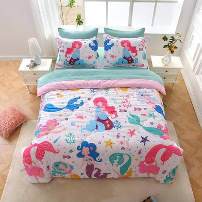 Wajade Kids Mermaids Comforter Set Bed in A Bag Twin Size 7 Piece Colorful 3D Cartoon Mermaids Bedding Set for Girls (1 Comforter, 1 Flat Sheet, 1 Fitted Sheet, 2 Pillowcase and 2 Pillow Sham)