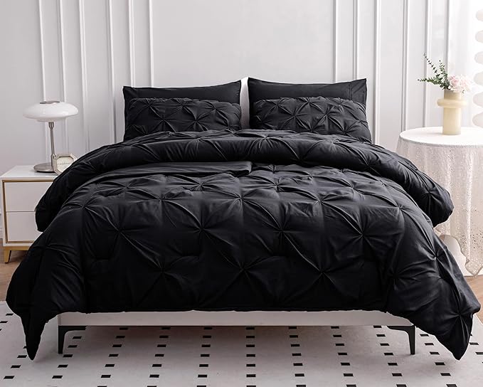 Lane Linen Full Size Comforter Sets, 7 Piece Bed in a Bag Full Size, Soft Full Size Bed Set, Pintuck Bedding Comforter Sets Full Size, Full Size Comforter Sets with Sheets, Pillowcases & Shams - Black