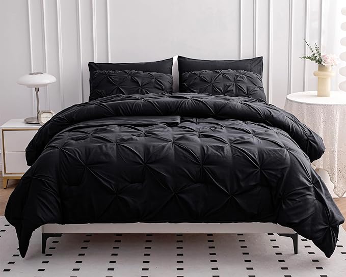 LANE LINEN King Size Comforter Set with Sheets, Complete 7 Piece King Comforter Set, Pintuck King Size Bedding Set, Soft King Size Bed in a Bag Set, Premium King Bed Set, Pillowcases & Shams - Black