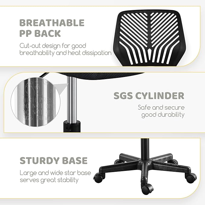 Yaheetech Students Cute Desk Chair Low-Back Armless Study Chair w/Lumbar Support Adjustable Swivel Chair in Home Bedroom School, Black