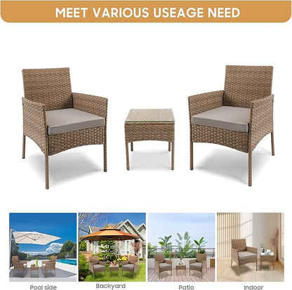YIYAN 3 Pieces Patio Bistro Set Outdoor Wicker Furniture Outdoor Porch PE Rattan Wicker Chairs Furniture Sets with Sofa Chairs,Glass Coffee Table and Gray Washable Cushion