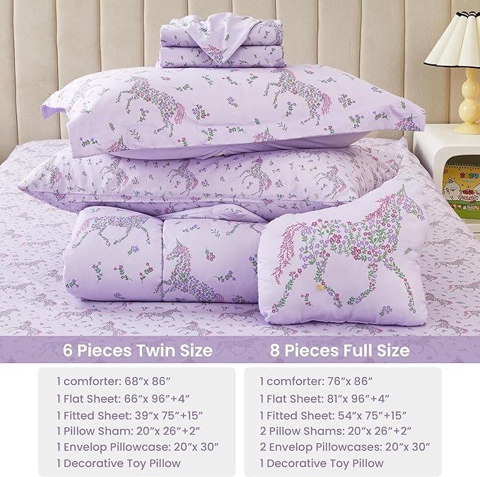 Mooreeke Twin Size Comforter Sets for Girls Kids, 6 Pieces Bed in a Bag Purple Floral Unicorn Bedding Comforter Sheet Set with Shams and Decorative Toy Pillow, Ultral Soft Microfiber Kids Bed Set