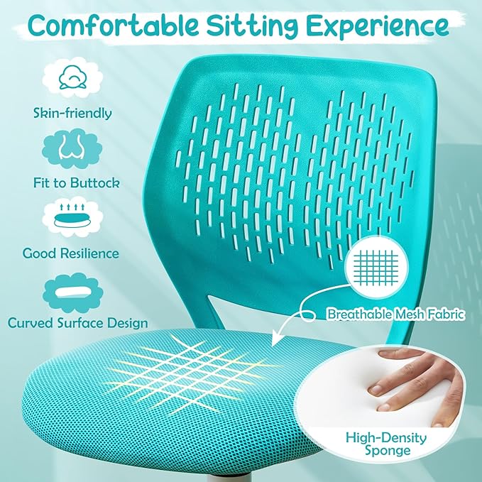 Kids Desk Chair, Ergonomic Kids Office Chair Ages8-12 w/Lumbar Support, Low-Back Teen Desk Chair for Girls Boys, Small Cute Kids Computer Chair for Bedroom/Study/Vanity Desk, Turquoise